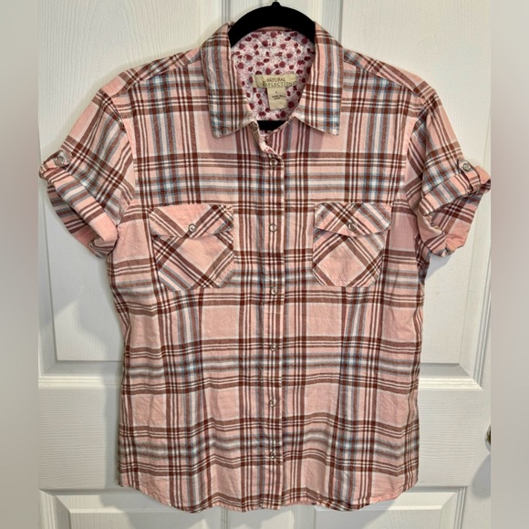 Natural Reflections Pink Double Cloth Plaid Short Sleeve Button Down Shirt. Sz L - Picture 1 of 5
